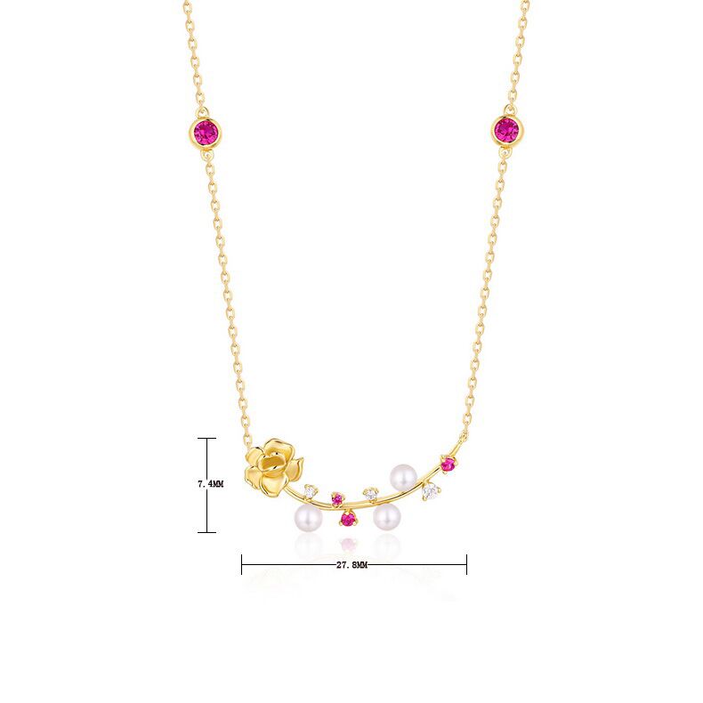Flower and Pearl S925 Sterling Silver Necklace with 9k Yellow Gold Plating